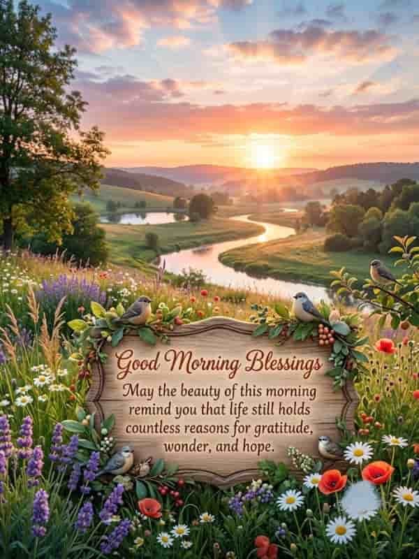 A serene sunrise over a scenic countryside landscape featuring a wooden sign framed with blooming wildflowers and songbirds, displaying the text "Good Morning Blessings: May the beauty of this morning remind you that life still holds countless reasons for gratitude, wonder, and hope."