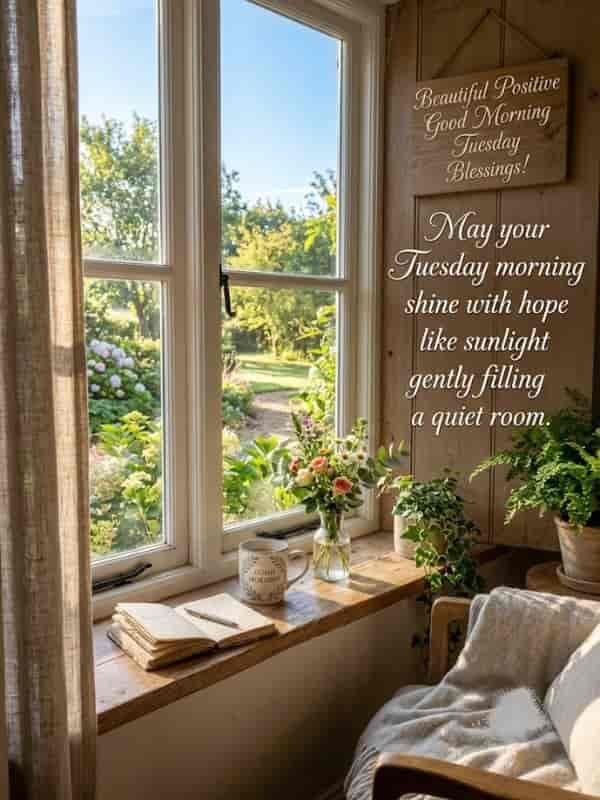 A cozy room flooded with soft morning sunlight streaming through a window, featuring a mug, notebook, and fresh flowers on the windowsill next to the text "Beautiful Positive Good Morning Tuesday Blessings! May your Tuesday morning shine with hope like sunlight gently filling a quiet room."