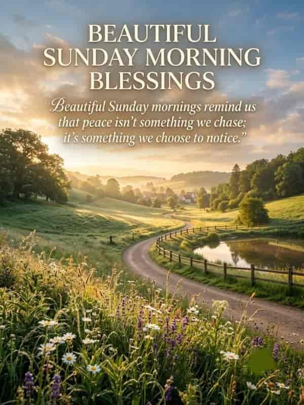 Serene countryside scene at sunrise with a winding path, wildflowers, and a calm pond, overlayed with the text "BEAUTIFUL SUNDAY MORNING BLESSINGS" and a inspirational quote about peace.