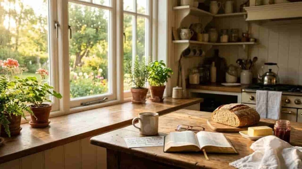 Soft golden morning light streaming through a window onto a quiet wooden kitchen table with a steaming coffee mug, open book, and fresh bread.