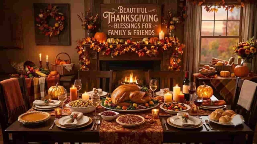 An abundant Thanksgiving dinner table set with a roasted turkey, side dishes, pies, candles, and a wooden sign above the fireplace that reads "Beautiful Thanksgiving Blessings for Family & Friends".