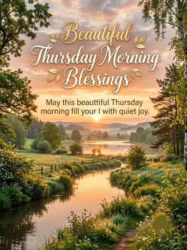 A serene sunrise landscape featuring a winding river through lush green fields and blooming flowers, with golden light reflecting on the water. Decorative text above reads, "Beautiful Thursday Morning Blessings," followed by the quote, "May this beautiful Thursday morning fill your heart with quiet joy."