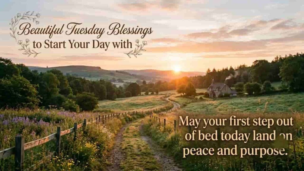 A serene countryside landscape at sunrise with a winding dirt path leading toward a cozy cottage, featuring text that reads "Beautiful Tuesday Blessings to Start Your Day with" and "May your first step out of bed today land on peace and purpose".
