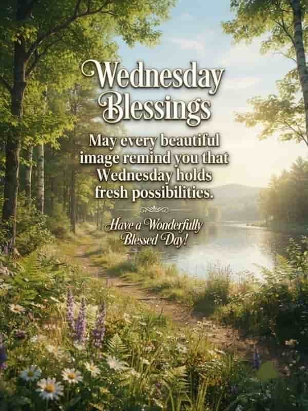 A scenic Wednesday blessings image featuring a sunlit forest pathway winding alongside a calm river, adorned with wildflowers, with the text 'Wednesday Blessings: May every beautiful image remind you that Wednesday holds fresh possibilities.