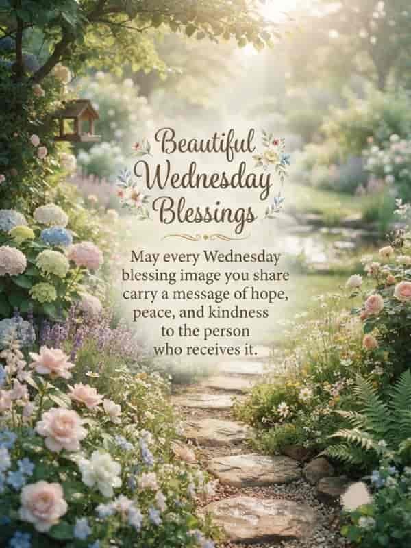 A peaceful and sunlit garden path surrounded by blooming roses, hydrangeas, and wildflowers with text that reads 'Beautiful Wednesday Blessings: May every Wednesday blessing image you share carry a message of hope, peace, and kindness to the person who receives it.