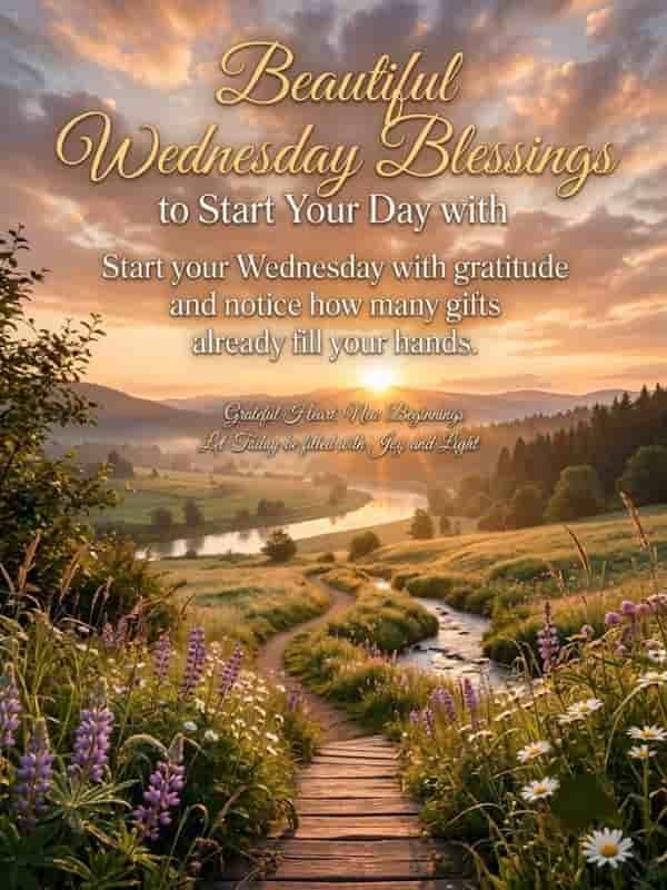 A wooden path through a vibrant field of wildflowers leading toward a winding river and hills under a warm sunrise sky with golden typography reading "Beautiful Wednesday Blessings to Start Your Day with".