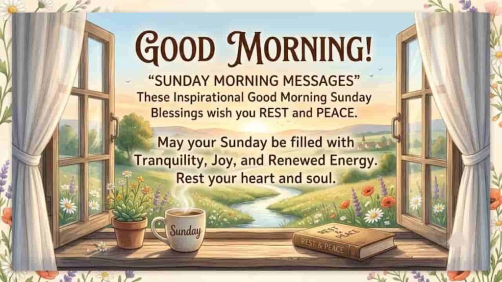 Serene morning view through an open wooden window overlooking a sunny countryside landscape, featuring a steaming coffee mug and book on the sill alongside inspirational Sunday blessing text.