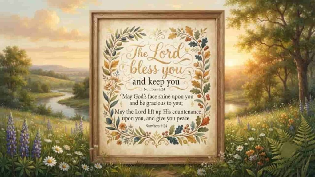 Framed print displaying the Bible verse Numbers 6:24, "The Lord bless you and keep you," surrounded by botanical illustrations, set against a scenic landscape of a sunrise over rolling hills, a winding river, and a field of wildflowers.