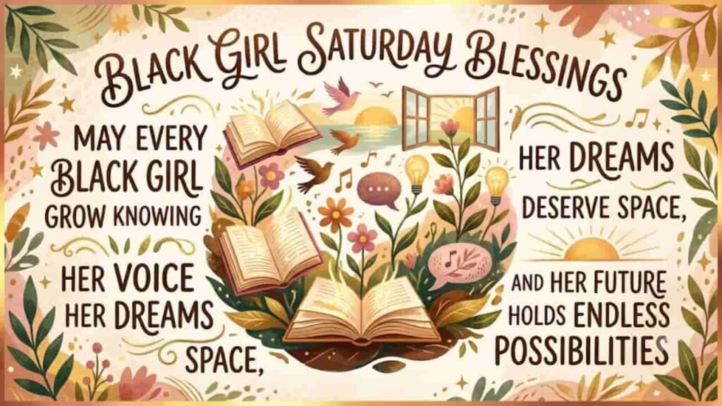 Graphic image with the text "Black Girl Saturday Blessings" featuring inspiring quotes about voice, dreams, and endless possibilities, surrounded by illustrations of open books, soaring birds, lightbulbs, flowers, and an open window with a rising sun.