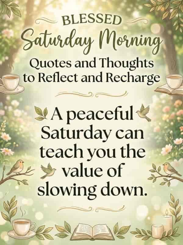Blessed Saturday Morning quotes graphic with text reading 'A peaceful Saturday can teach you the value of slowing down' framed by a soft green botanical background with tea cups, birds, leaves, and candles.