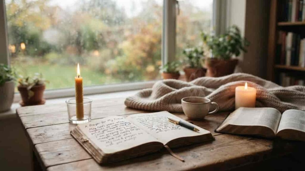 A cozy wooden table featuring an open journal with a written prayer for a friend, accompanied by glowing candles, a warm cup of tea, and an open book next to a rainy window.
