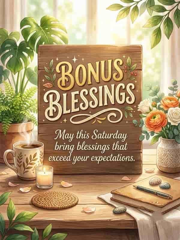 A cozy wooden rustic sign featuring typography that reads "Bonus Blessings - May this Saturday bring blessings that exceed your expectations" surrounded by houseplants, a coffee cup, a candle, and a journal.