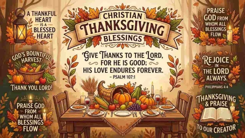 An autumn-themed Christian Thanksgiving illustration featuring a wooden dining table set with a cornucopia, pumpkins, grapes, corn, and lit candles, surrounded by fall foliage. The image includes inspirational scripture verses such as "Give thanks to the Lord, for He is good" (Psalm 107:1) and "Rejoice in the Lord always" (Philippians 4:4), alongside messages of gratitude, an open Bible, and glowing lanterns.