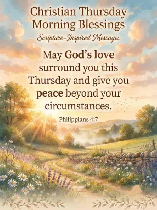 A peaceful watercolor landscape at sunrise featuring a winding dirt path, wildflowers, stone walls, and warm morning light, overlaid with the Christian Thursday morning blessing text and Philippians 4:7.