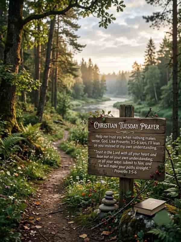 A rustic wooden sign in a lush forest displaying a Christian Tuesday prayer and Proverbs 3:5-6 next to a winding path, a bible, and a river.