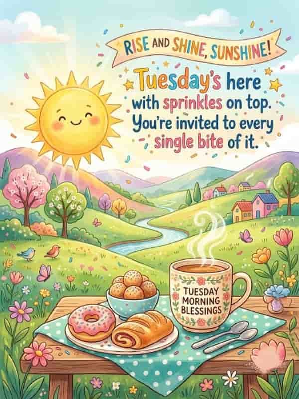 Cute illustration of a sun smiling over a morning breakfast table with tea, pastries, and colorful sprinkles, featuring the text "Rise and shine, sunshine! Tuesday's here with sprinkles on top. You're invited to every single bite of it. Tuesday Morning Blessings."