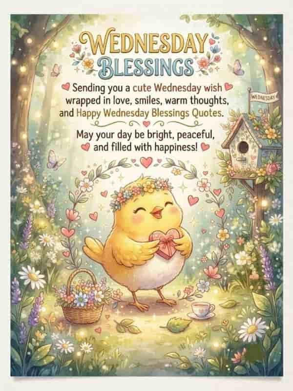 Wednesday Blessings greeting card featuring a cute yellow chick wearing a flower crown in a magical, sunlit forest surrounded by flowers, butterflies, a tiny birdhouse, and a small gift box, with the text 'Wednesday Blessings: Sending you a cute Wednesday wish wrapped in love, smiles, warm thoughts, and Happy Wednesday Blessings Quotes. May your day be bright, peaceful, and filled with happiness!