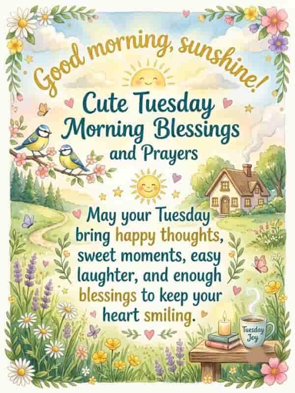 "A soft watercolor Tuesday morning greeting card in a 3:4 aspect ratio featuring cheerful birds, a smiling sun, flowers, and the quote: 'Good morning, sunshine! Cute Tuesday Morning Blessings and Prayers. May your Tuesday bring happy thoughts, sweet moments, easy laughter, and enough blessings to keep your heart smiling.'"