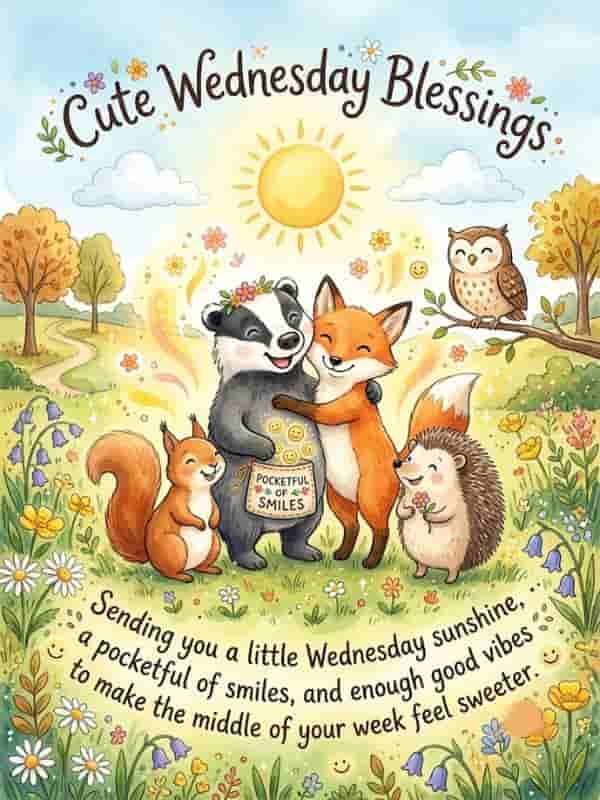 Cute woodland animals including a fox, badger, hedgehog, squirrel, and owl gathered under bright sunshine with text reading "Cute Wednesday Blessings" and "Sending you a little Wednesday sunshine, a pocketful of smiles.