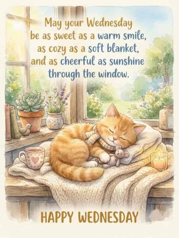 A cozy watercolor illustration of a cute orange kitten sleeping on a soft knit blanket next to a steaming mug, a lit candle, and a sunny window with plants, featuring the text 'May your Wednesday be as sweet as a warm smile, as cozy as a soft blanket, and as cheerful as sunshine through the window.