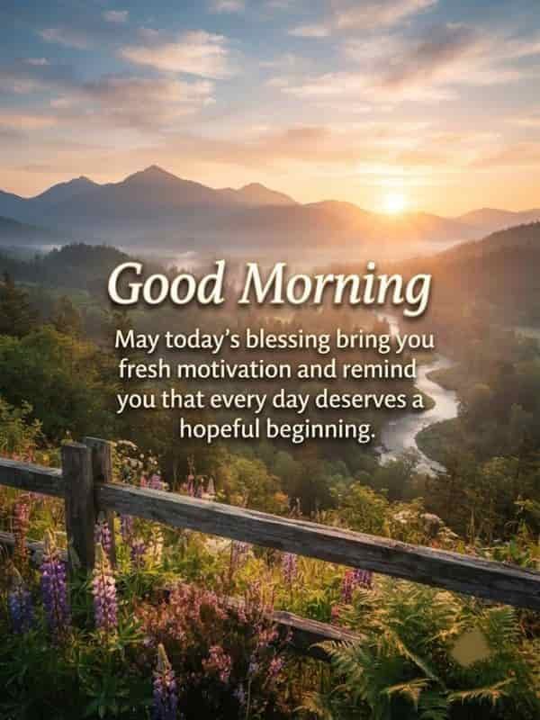 Good Morning blessing image featuring a serene sunrise over misty mountains, a winding river, and a rustic wooden fence surrounded by blooming wildflowers, with overlaid text reading: "Good Morning. May today’s blessing bring you fresh motivation and remind you that every day deserves a hopeful beginning."