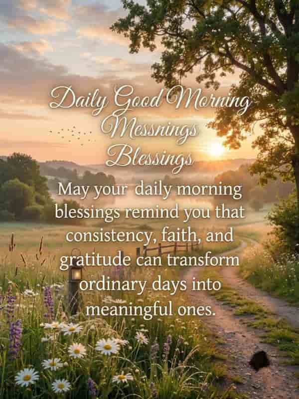 Sunrise ke waqt phoolon se bhara rasta aur "Daily Good Morning Blessings" ka message jisme consistency, faith, aur gratitude ki baatein likhi hain.