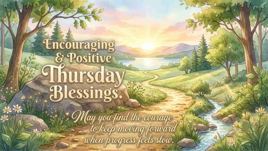 A peaceful landscape with a winding dirt path, lush greenery, and a glowing sunrise over mountains, featuring the text 'Encouraging & Positive Thursday Blessings. May you find the courage to keep moving forward when progress feels slow.