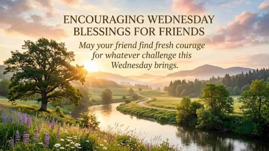 A serene landscape at sunrise featuring a winding river through lush green hills, soft morning light, and elegant typography reading "Encouraging Wednesday Blessings for Friends" with a motivational quote.