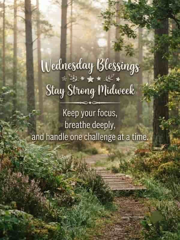 A serene forest path winding through tall trees and lush green ferns in soft morning light, featuring the text 'Wednesday Blessings Stay Strong Midweek: Keep your focus, breathe deeply, and handle one challenge at a time.