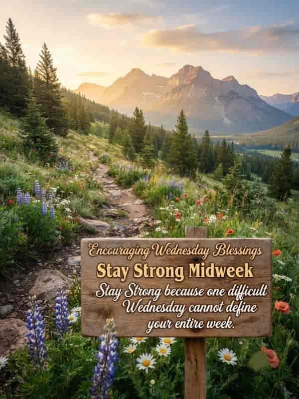 An outdoor mountain landscape during sunrise with a dirt trail winding through alpine flowers and pine trees, featuring a wooden sign in the foreground with gold and black text that reads "Encouraging Wednesday Blessings Stay Strong Midweek Stay Strong because one difficult Wednesday cannot define your entire week.