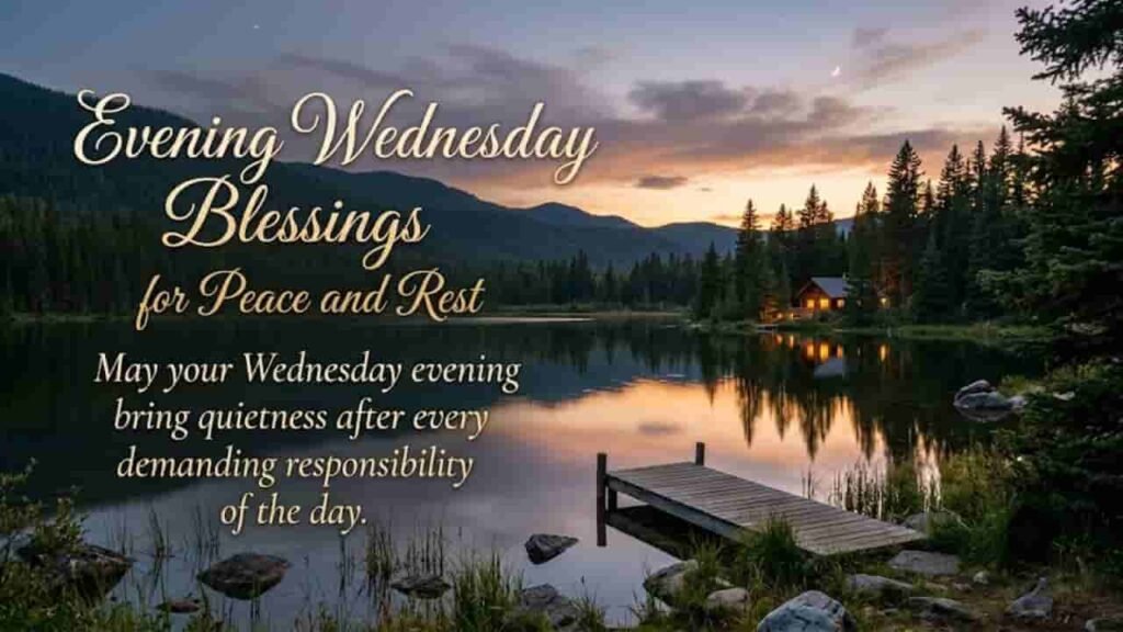 A peaceful lakeside cabin at dusk with a wooden dock, warm glowing light, and soft sunset colors reflecting on the calm water, featuring the text "Evening Wednesday Blessings for Peace and Rest: May your Wednesday evening bring quietness after every demanding responsibility of the day."