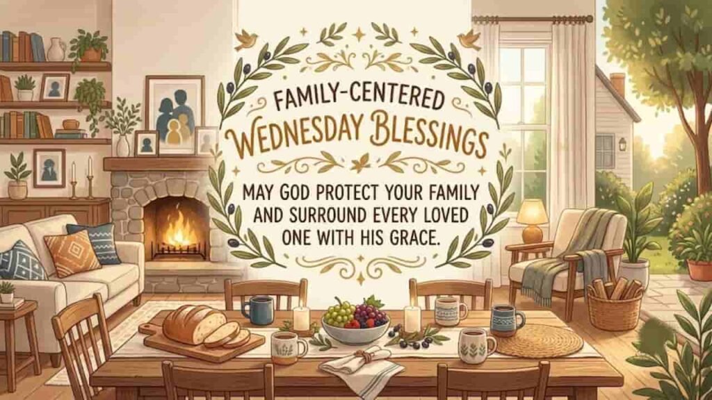 An illustration of a cozy living room and dining space with warm, golden lighting. The text reads, "Family-Centered Wednesday Blessings: May God protect your family and surround every loved one with His grace," framed by elegant olive branches and greenery. A set dining table with fresh bread, fruit, and coffee mugs sits in the foreground before a fireplace.