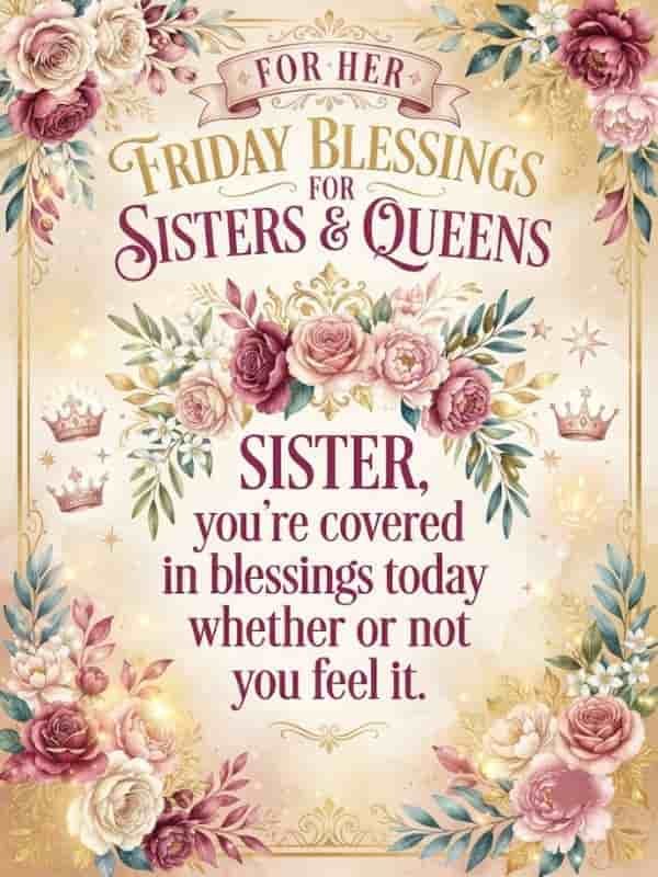 An elegant 3:4 vertical card design featuring the text "FOR HER FRIDAY BLESSINGS FOR SISTERS & QUEENS SISTER, you're covered in blessings today whether or not you feel it," framed by vintage gold borders, watercolor roses, decorative flourishes, and subtle crown motifs.
