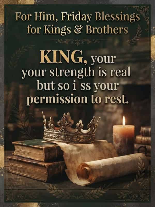 An inspirational 3:4 vertical image featuring an ornate crown resting on a stack of antique books and a scroll next to a lit candle, with gold typography reading "For Him, Friday Blessings for Kings & Brothers. KING, your strength is real but so is your permission to rest."