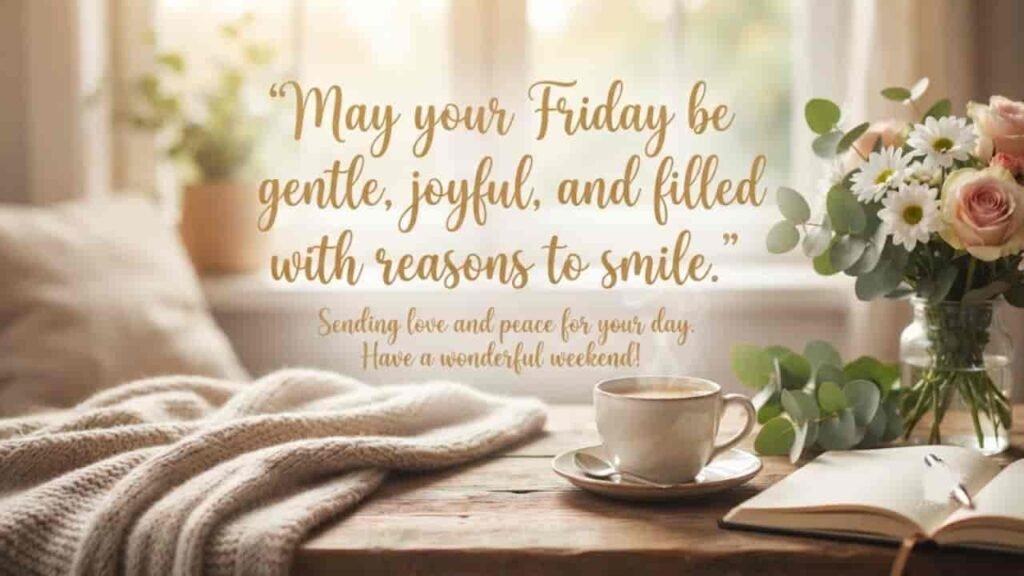 A cozy morning scene on a rustic wooden table featuring a steaming cup of coffee, a knitted blanket, a vase of fresh flowers, and an open notebook, overlaid with the Friday blessing text: 'May your Friday be gentle, joyful, and filled with reasons to smile.