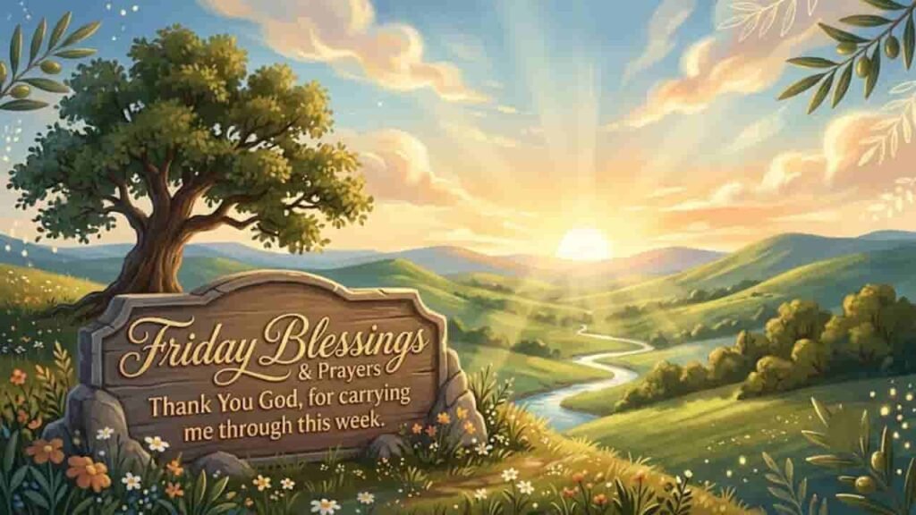 Friday blessings and prayers background image featuring a sunrise over green hills with a river and text saying Thank You God for carrying me through this week.