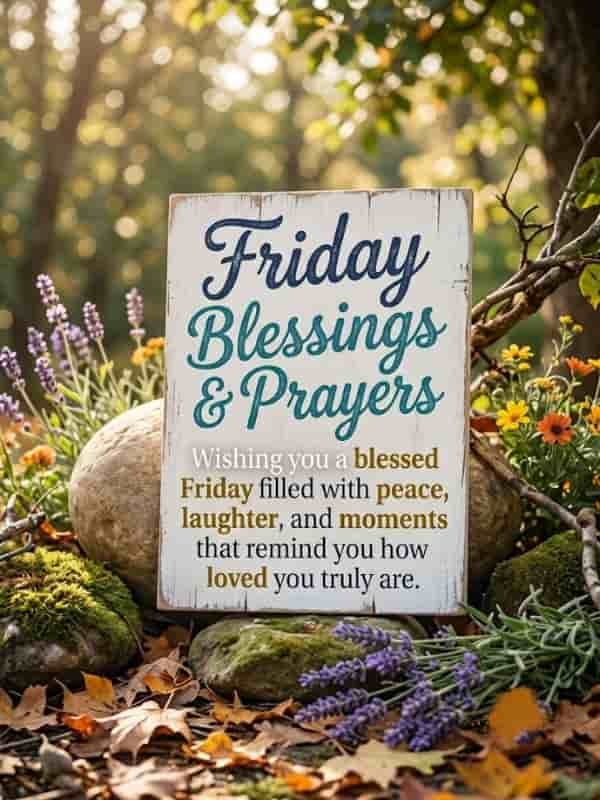 A rustic wooden sign reading "Friday Blessings & Prayers" with the message "Wishing you a blessed Friday filled with peace, laughter, and moments that remind you how loved you truly are" set in a peaceful garden with lavender and autumn leaves.