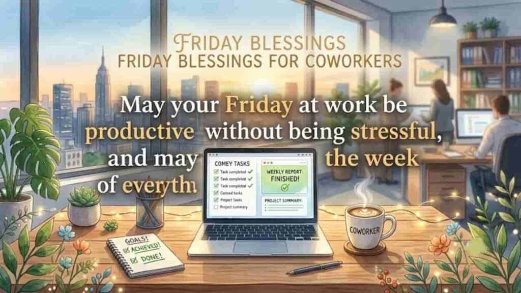 A serene workspace desk with a laptop, coffee cup, and plants, featuring the quote: "Friday Blessings for Coworkers: May your Friday at work be productive without being stressful, and may you finish the week proud of everything you've accomplished."