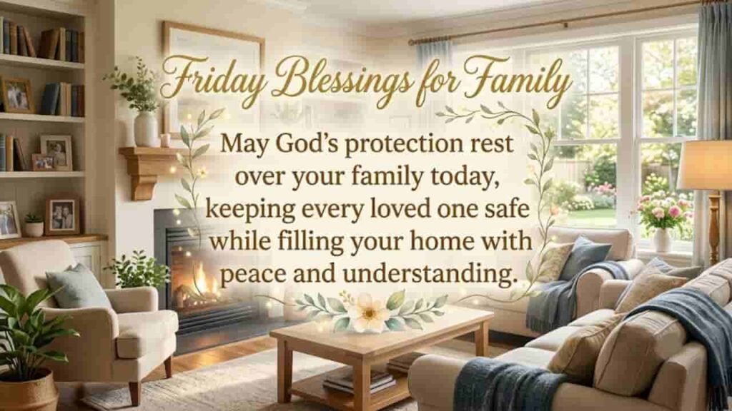 Friday blessings image featuring a cozy, warm living room with a glowing fireplace and decorative foliage framing the text: "Friday Blessings for Family - May God's protection rest over your family today, keeping every loved one safe while filling your home with peace and understanding.