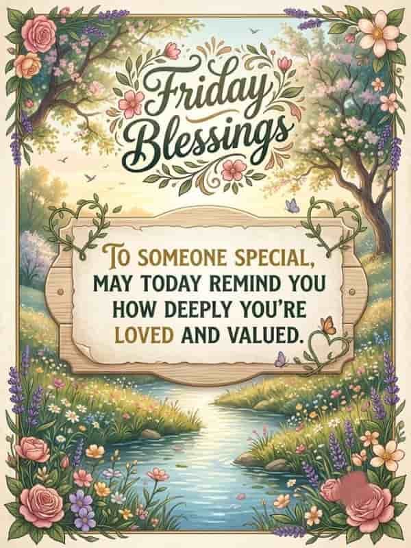 A Friday Blessings greeting card surrounded by a floral frame and a quiet stream, with text reading "To someone special, may today remind you how deeply you're loved and valued."