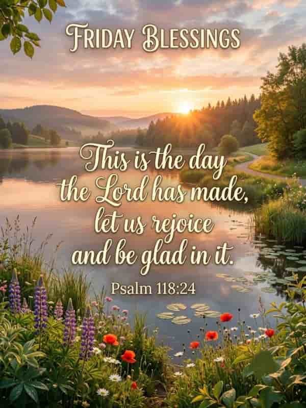 Friday Blessings greeting image featuring a serene sunrise over a calm lake framed by vibrant wildflowers, trees, and rolling hills, with the text "Friday Blessings" and "This is the day the Lord has made, let us rejoice and be glad in it. Psalm 118:24."