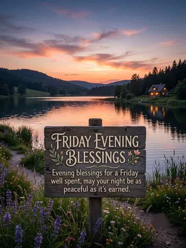 A wooden sign in a wildflower field by a calm lake at sunset reading "Friday Evening Blessings" and "Evening blessings for a Friday well spent, may your night be as peaceful as it's earned".