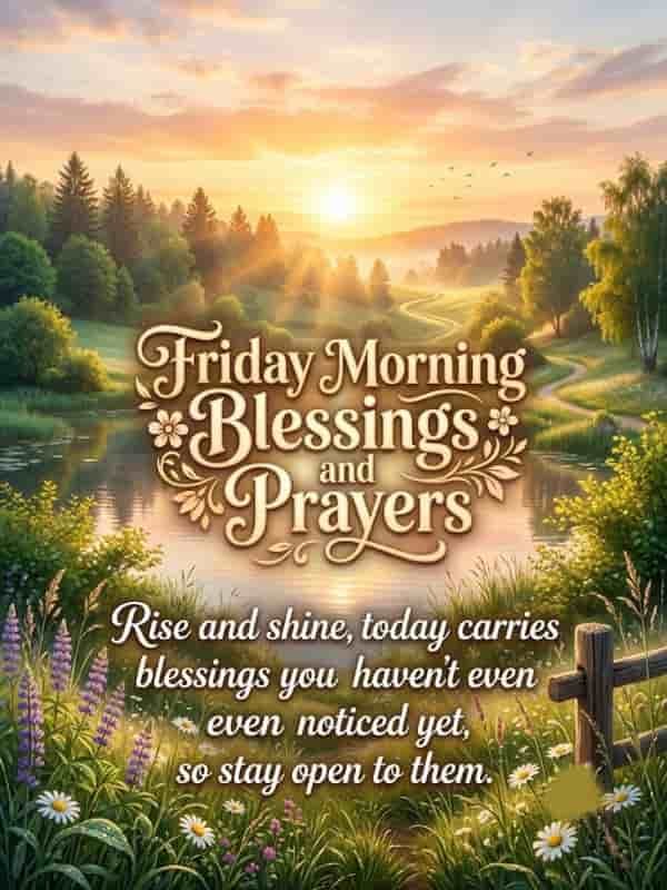 Friday Morning Blessings and Prayers image featuring a serene sunrise over a lake and forest landscape, surrounded by wildflowers, with the inspiring quote "Rise and shine, today carries blessings you haven't even noticed yet, so stay open to them."