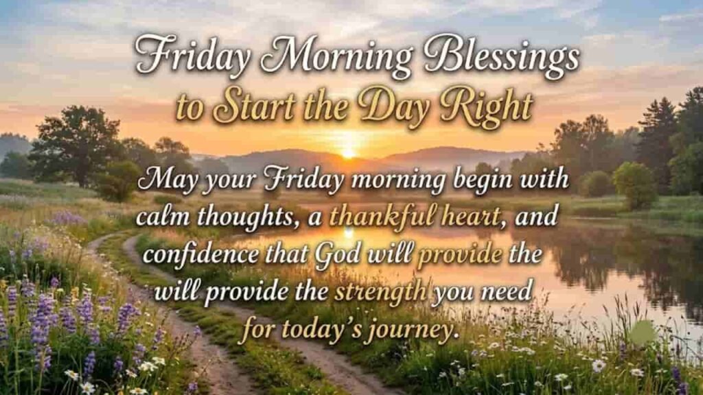 A peaceful sunrise landscape with a quiet lake and dirt path, featuring the text "Friday Morning Blessings to Start the Day Right" and an inspiring motivational message.