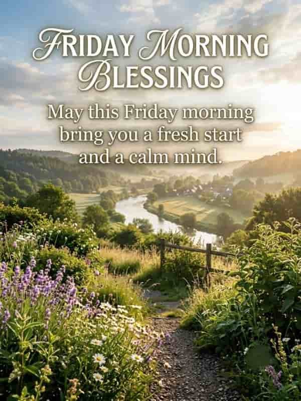 A peaceful morning landscape featuring wildflowers along a stone path overlooking a river valley, with white overlay text reading "Friday Morning Blessings: May this Friday morning bring you a fresh start and a calm mind."