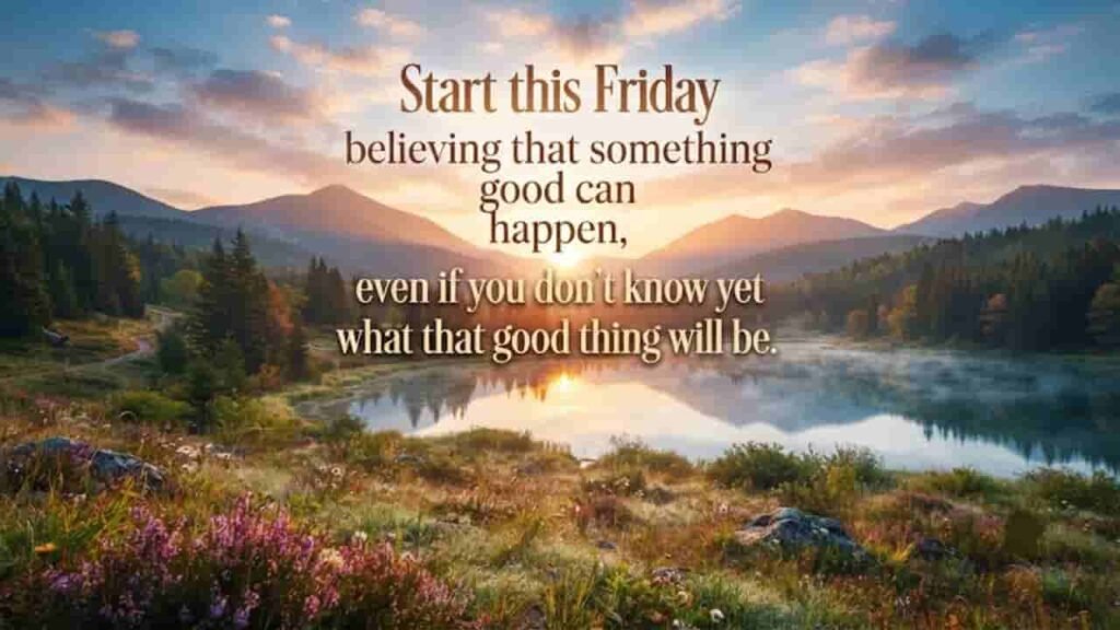 A peaceful 16:9 landscape image of a serene lake reflecting a golden sunrise over mountains and pine trees, featuring the positive Friday message: 'Start this Friday believing that something good can happen, even if you don't know yet what that good thing will be.
