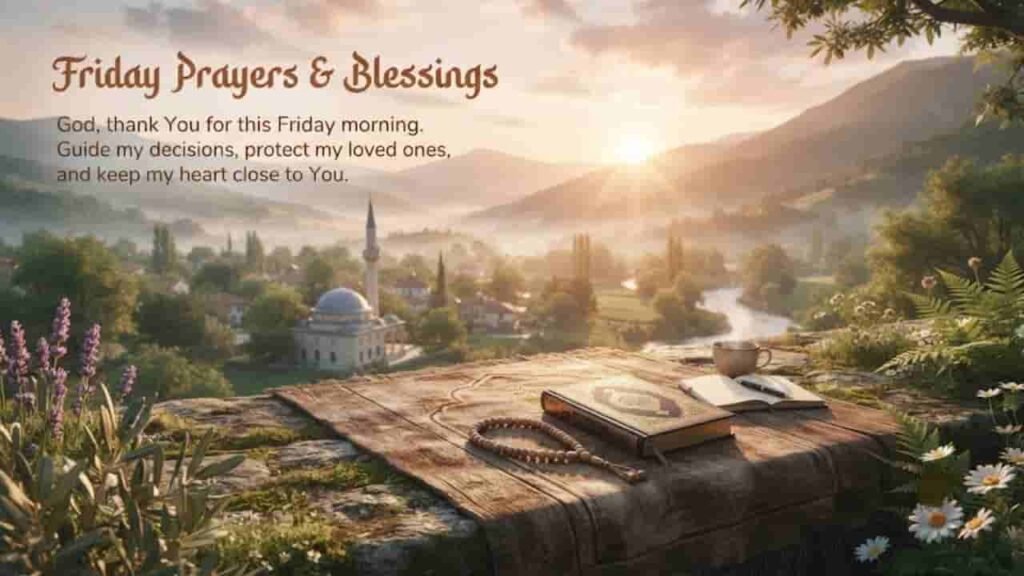 A peaceful Friday morning sunrise over a scenic landscape with a mosque, prayer mat, Quran, and prayer beads on a stone wall.