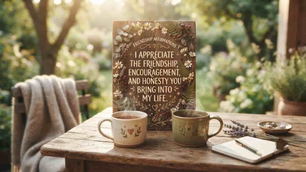 A cozy outdoor wooden table set with two steaming mugs, a notebook, and a decorative plaque featuring the text 'Friendship Affirmations: I appreciate the friendship, encouragement, and honesty you bring into my life' amidst a warm, sunlit garden background.