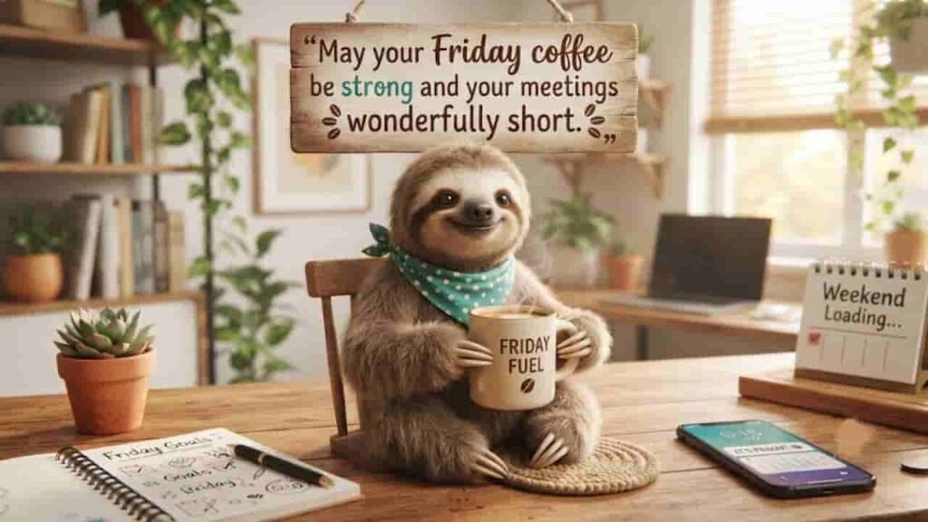 A cozy 16:9 office desk scene featuring an adorable smiling sloth holding a mug labeled "FRIDAY FUEL" while sitting in a miniature chair. Hanging above is a wooden sign with the quote, "May your Friday coffee be strong and your meetings wonderfully short." The desk includes a calendar reading "Weekend Loading...", a phone showing "IT'S FRIDAY", a succulent, and a notebook titled "Friday Goals".