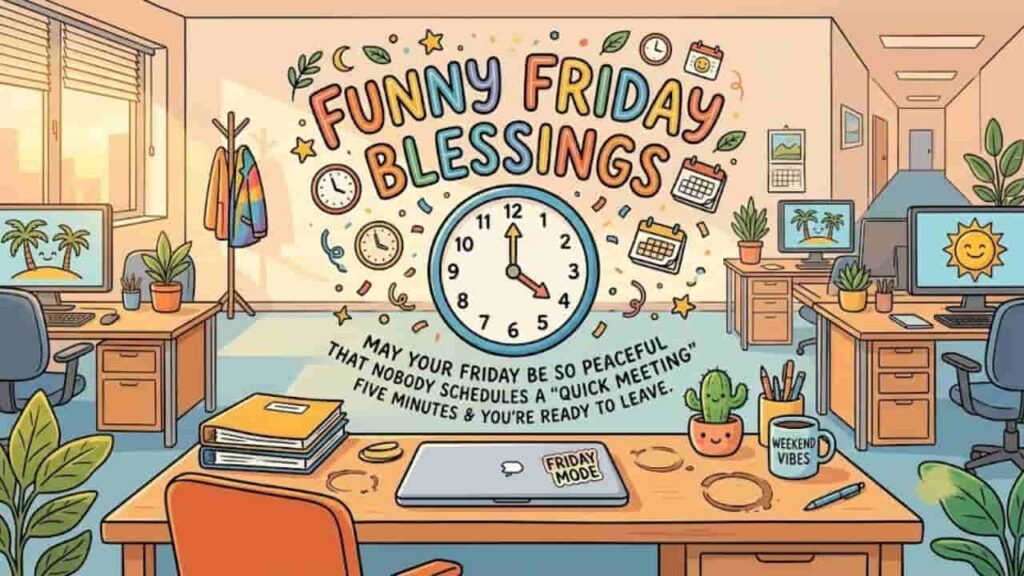 Cartoon illustration of an empty office desk with a coffee mug, laptop, and a large clock showing 4:55, featuring the text "Funny Friday Blessings" and "May your Friday be so peaceful that nobody schedules a quick meeting five minutes before you're ready to leave."